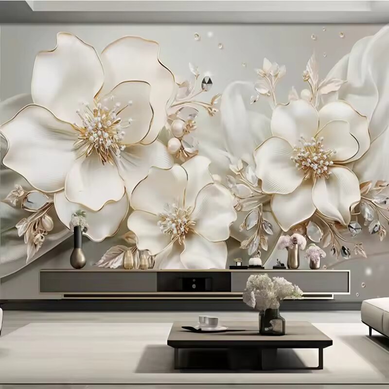Tv Home Improvement - カスタム大型現代壁紙 3D エンボス加工花ジュエリー壁画紙テレビの背景壁リビングルームの装飾ホームセンター