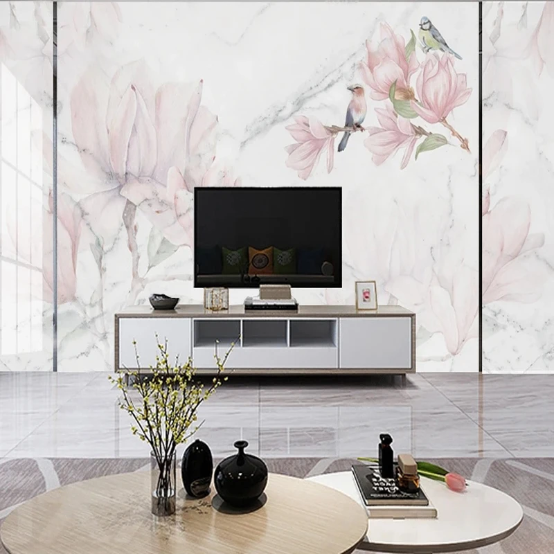 Tv Home Improvement - カスタム 3D 壁画ピンクの花鳥大理石パターン壁紙寝室リビングルームテレビの背景の壁の装飾ホームセンター