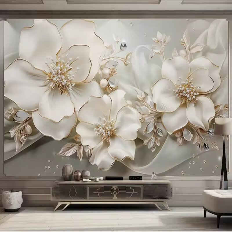 カスタム大型現代壁紙 3D エンボス加工花ジュエリー壁画紙テ - Tv Home Improvement のレビューと価格