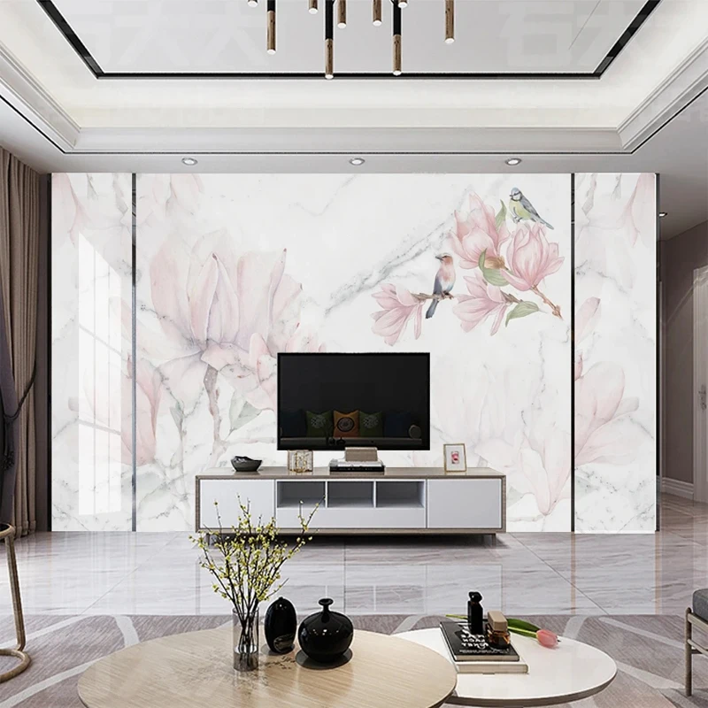 カスタム 3D 壁画ピンクの花鳥大理石パターン壁紙寝室リビン - Tv Home Improvement のレビューと価格