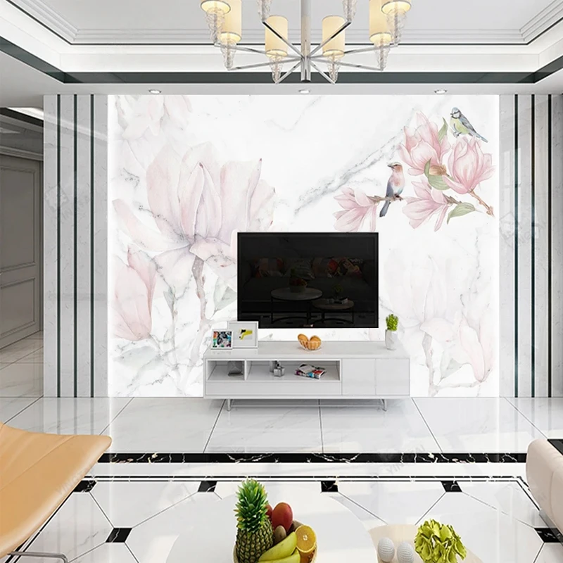 カスタム 3D 壁画ピンクの花鳥大理石パターン壁紙寝室リビン - Tv Home Improvement のレビューと価格
