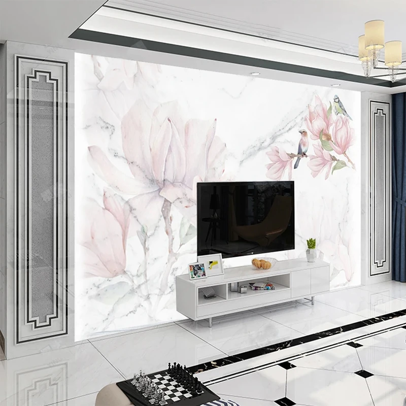 カスタム 3D 壁画ピンクの花鳥大理石パターン壁紙寝室リビン - Tv Home Improvement のレビューと価格